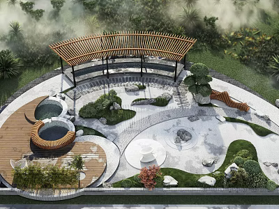 Karesansui Zen Garden With Curved Wooden Pavilion Gravel Ripples Stone Arrangements And Greenery 3d model