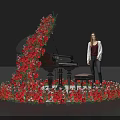Floral Installation Surrounding Black Piano With Red And Pink Flowers And Woman Standing By