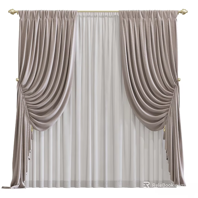 Elegant Velvet Pleated Curtains In Beige With Sheer Layers And Gold Tiebacks 3d model 