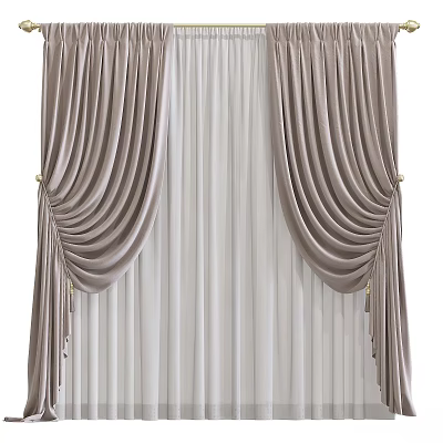 Elegant Velvet Pleated Curtains In Beige With Sheer Layers And Gold Tiebacks 3d model