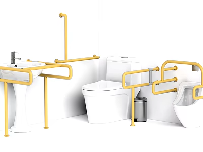 Accessible Bathroom Toilet With Yellow Grab Bars Sink And Urinal 3d model