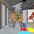 Modern Open Public Office Space Featuring Colorful Chairs Computers Desks Hanging Lights And Windows
