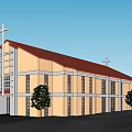 Yellow Beige Church Building With Red Roof Cross Windows And Blue Sky Background
