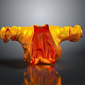 Abstract Garment Shaped Sculpture with Orange Yellow Pleated Texture on Grey Background and Reflection