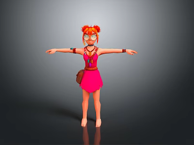 Game Movie Character With Orange Double Bun Glasses Pink Dress Arm Accessories Small Bag Barefoot 3d model