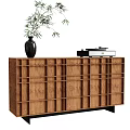 Modern Wooden Wardrobe Doors With Grid Design And Decorative Vase Record Player On Top