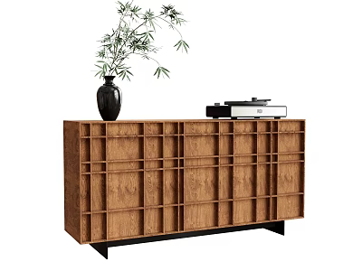 Modern Wooden Wardrobe Doors With Grid Design And Decorative Vase Record Player On Top 3d model