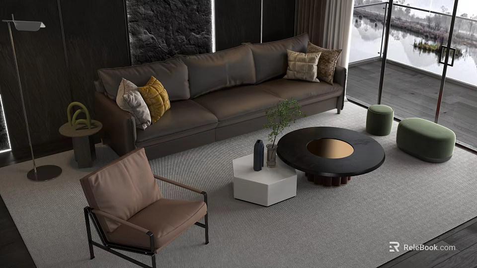 Modern Gray Sofa Background Wall Dark Wall With Black Textured Art Yellow Beige Pillows 3d model 