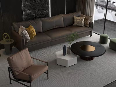 Modern Gray Sofa Background Wall Dark Wall With Black Textured Art Yellow Beige Pillows 3d model