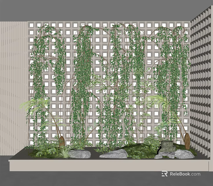 Lattice Background Garden Decorative Feature With Hanging Green Vines Stones And Small Plants 3d model 