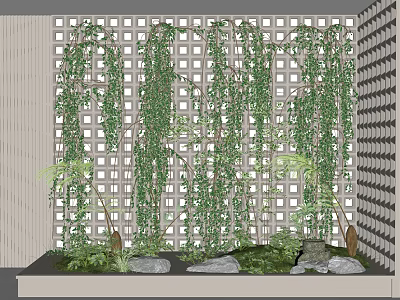 Lattice Background Garden Decorative Feature With Hanging Green Vines Stones And Small Plants 3d model