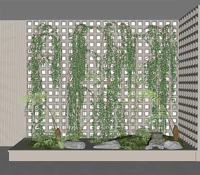 Lattice Background Garden Decorative Feature With Hanging Green Vines Stones And Small Plants 3d model