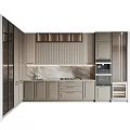 Modern Kitchen Interior With Light Gray Cabinets Marble Countertop Built in Oven And Wine Rack