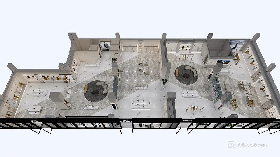 Modern Specialty Store Interior Layout With Circular Display Tables And Shelving Units 3d model 