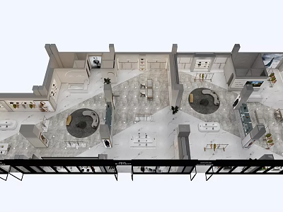 Modern Specialty Store Interior Layout With Circular Display Tables And Shelving Units 3d model