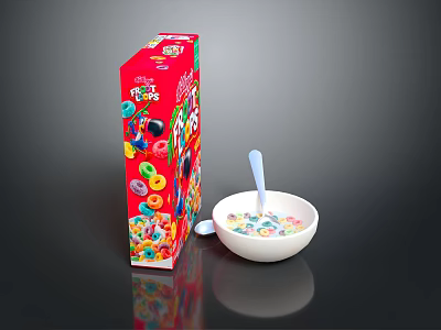 Colorful Breakfast Cereal in White Bowl with Spoon and Red Packaging Box 3d model