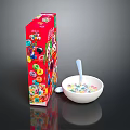 Colorful Breakfast Cereal in White Bowl with Spoon and Red Packaging Box