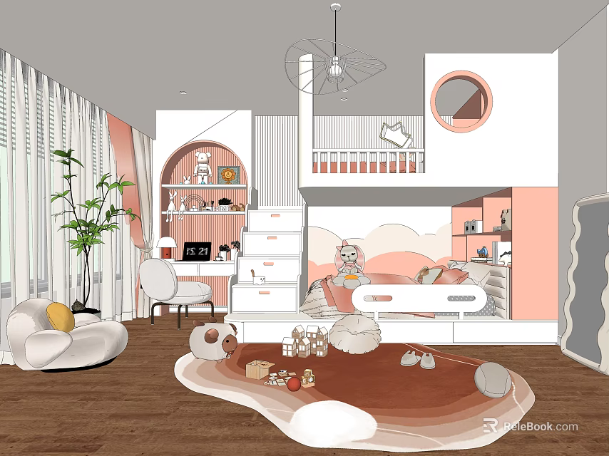 Cute Kids Room Interior Design With Pink Bunk Bed Shelves Toys And Soft Rug 3d model 
