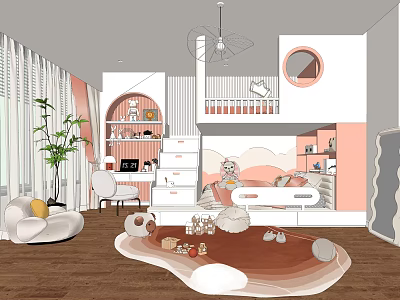 Cute Kids Room Interior Design With Pink Bunk Bed Shelves Toys And Soft Rug 3d model