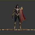 Female Game Movie Character In Black Red Outfit With Gold Accents Sword On Circular Ornate Platform