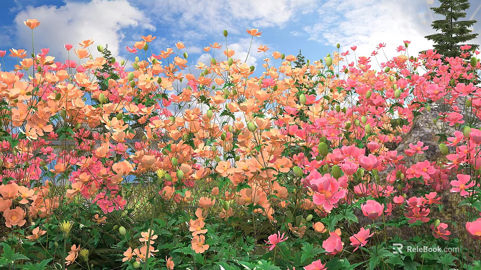 Blooming Pink And Orange Flowers With Green Leaves In Garden Under Blue Sky 3d model 