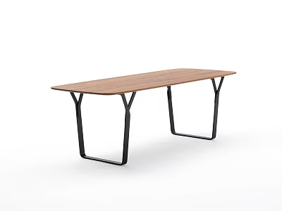 Modern Wooden Top Dining Table With Black Metal Legs And Rectangular Shape Design 3d model