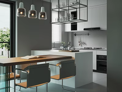 Modern Restaurant Interior With Open Design Dining Table Pendant Lights And Cabinets 3d model