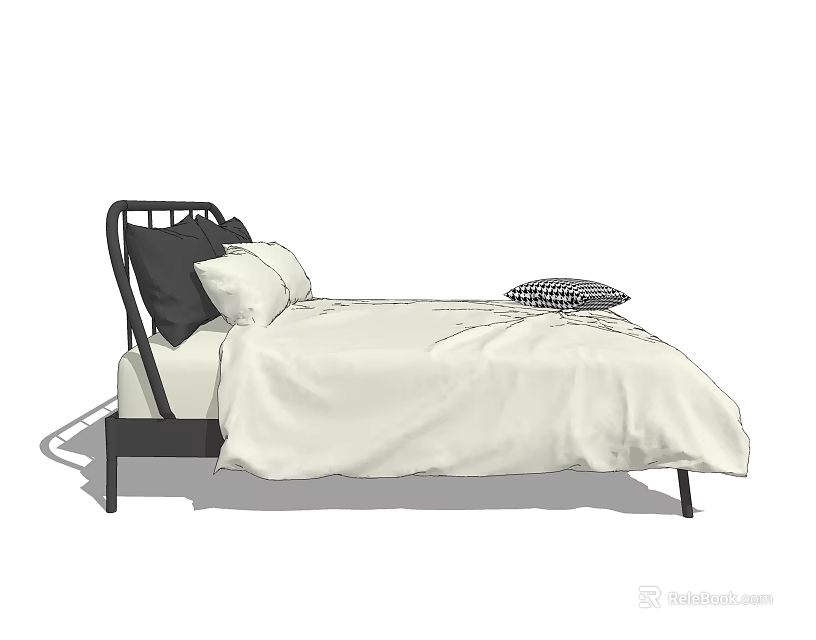 Modern Double Bed with Black Frame White Bedspread Black and White Pillows and Checkered Cushion 3d model 