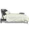 Modern Double Bed with Black Frame White Bedspread Black and White Pillows and Checkered Cushion