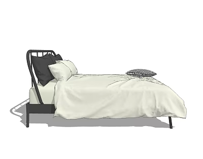 Modern Double Bed with Black Frame White Bedspread Black and White Pillows and Checkered Cushion 3d model