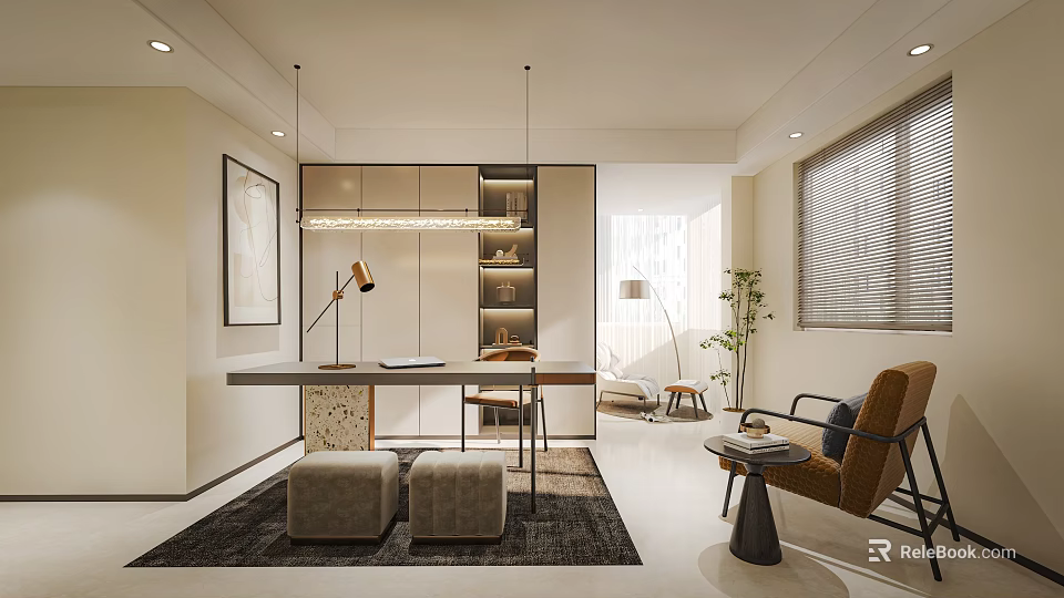 Modern Study Room With Desk Cabinets And Decor 3d model