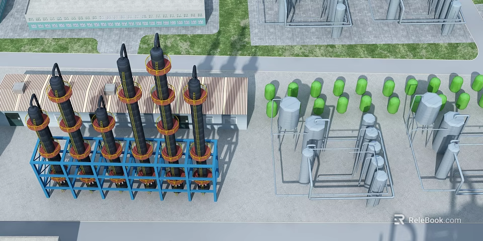Modern Industrial Plant Featuring Tall Processing Towers Metal Structures And Storage Tanks 3d model 