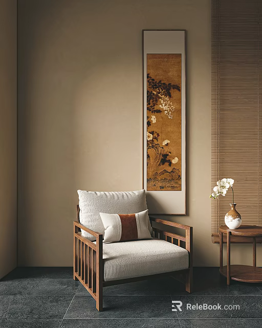 Traditional Single Sofa With Wooden Frame Light Fabric Cushion And Decorative Wall Painting 3d model 