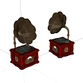 Vintage Gramophones With Horn Shaped Speakers And Red Decorative Bases