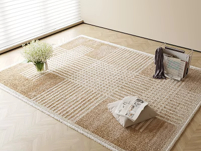 Square Area Rug With Textured Surface On Wooden Floor Near Window Blinds White Flower Bouquet 3d model