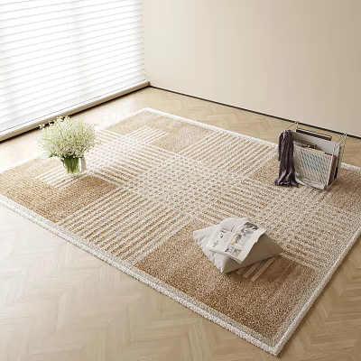 Square Area Rug With Textured Surface On Wooden Floor Near Window Blinds White Flower Bouquet 3d model
