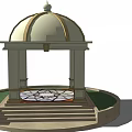 Elegant White Gazebo With Golden Dome Columns And Patterned Floor Steps