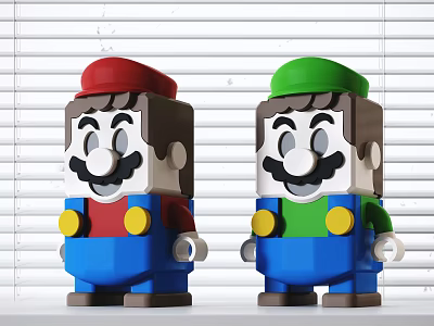 Building Blocks Character Figures With Red Green Hats Blue Pants Yellow Buttons And Smiling Faces 3d model