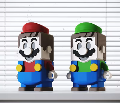 Building Blocks Character Figures With Red Green Hats Blue Pants Yellow Buttons And Smiling Faces 3d model