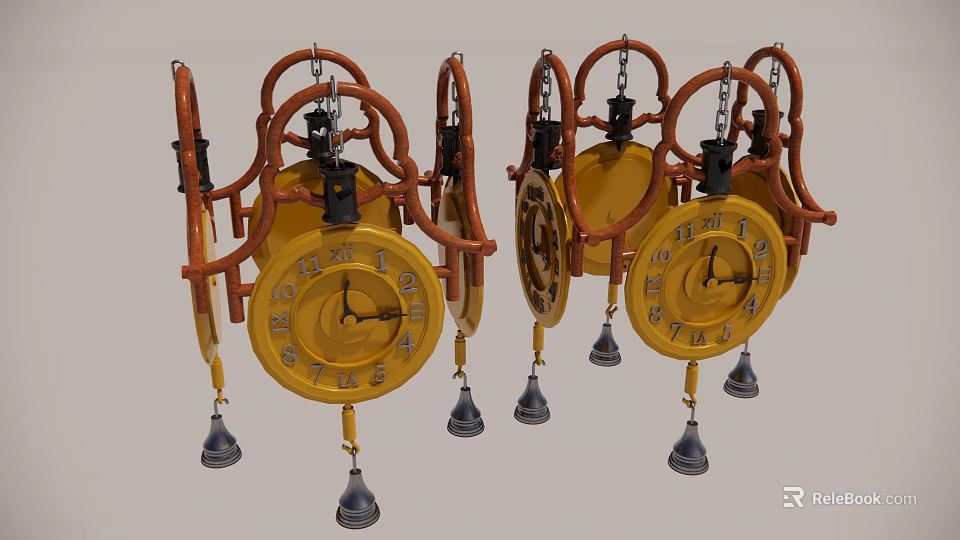Vintage Decorative Wall Clock with Golden Dial Pendulum and Hanging Bells Design 3d model 