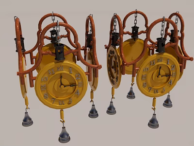 Vintage Decorative Wall Clock with Golden Dial Pendulum and Hanging Bells Design 3d model