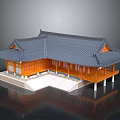 Traditional Chinese Architectural Design With Gray Tiled Roof Overhanging Eaves Wooden Platform And White Stairs 3d model