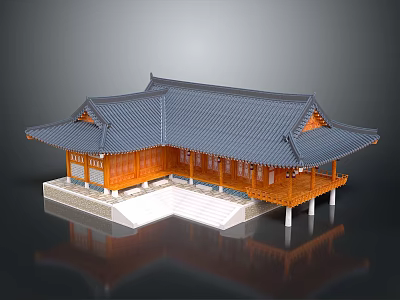 Traditional Chinese Architectural Design With Gray Tiled Roof Overhanging Eaves Wooden Platform And White Stairs 3d model
