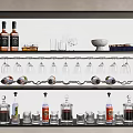 Elegant Black Shelf Display With Wine Bottles Glasses Stemware And Various Liquor Containers