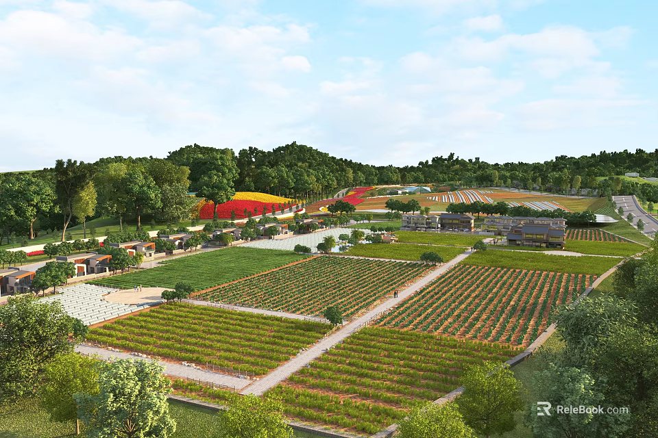 Scenic Rural Landscape With Lush Fields Colorful Flower Beds Green Trees And Distant Buildings 3d model 