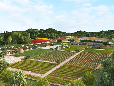 Scenic Rural Landscape With Lush Fields Colorful Flower Beds Green Trees And Distant Buildings 3d model