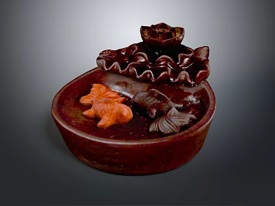 Decorative Sculpture With Brown Bowl Base Lotus Leaf And Red Fish Design 3d model