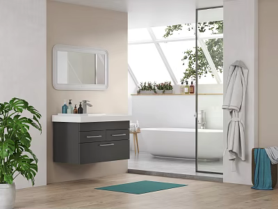 Modern Bathroom Interior With Vanity Mirror Bathtub Window Plant And Towel Design 3d model