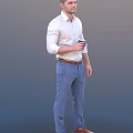 Stylish Man Wearing White Shirt and Blue Pants Holding Coffee Cup Standing with Confident Posture
