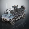 Military Style Open Frame Utility Vehicle With Large Off Road Tires And Roof Mounted Equipment